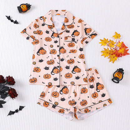 🎃👔Women's Halloween Printed Collar Short-Sleeved Shorts Pajama Set