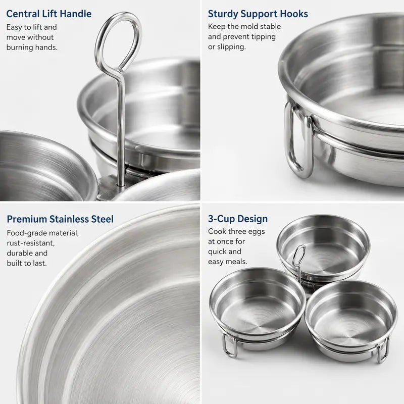 Stainless Steel Egg Poacher, 3 Cavity Steaming Egg Mold with Handle