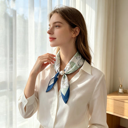 Lazy Snap-On Floral Satin Neck Scarf with Pearl Clasp