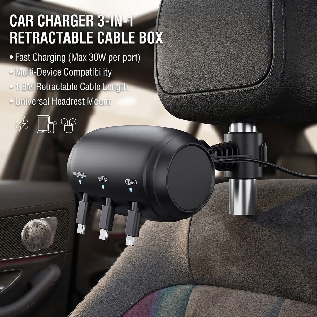 Car Charger 1-to-3 Retractable Cable Box