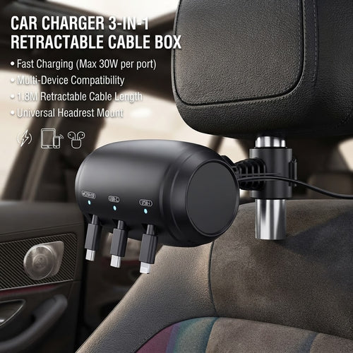 Car Charger 1-to-3 Retractable Cable Box