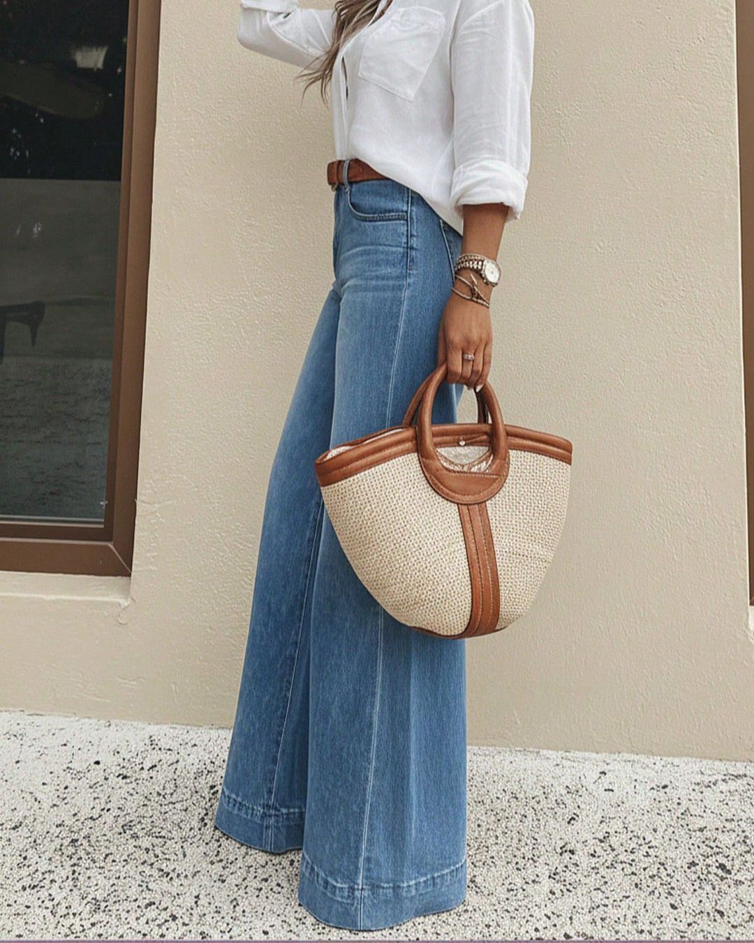 👖 Vintage Washed High-Waist Wide-Leg Jeans – Relaxed Stretch Denim