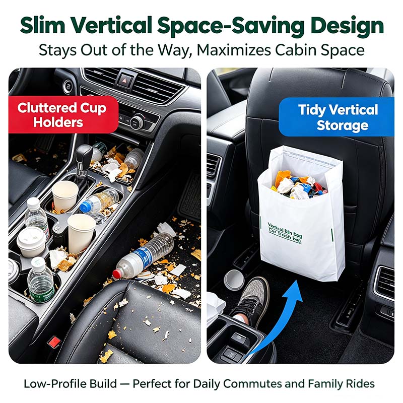 Slim vertical car trash bag saves interior space