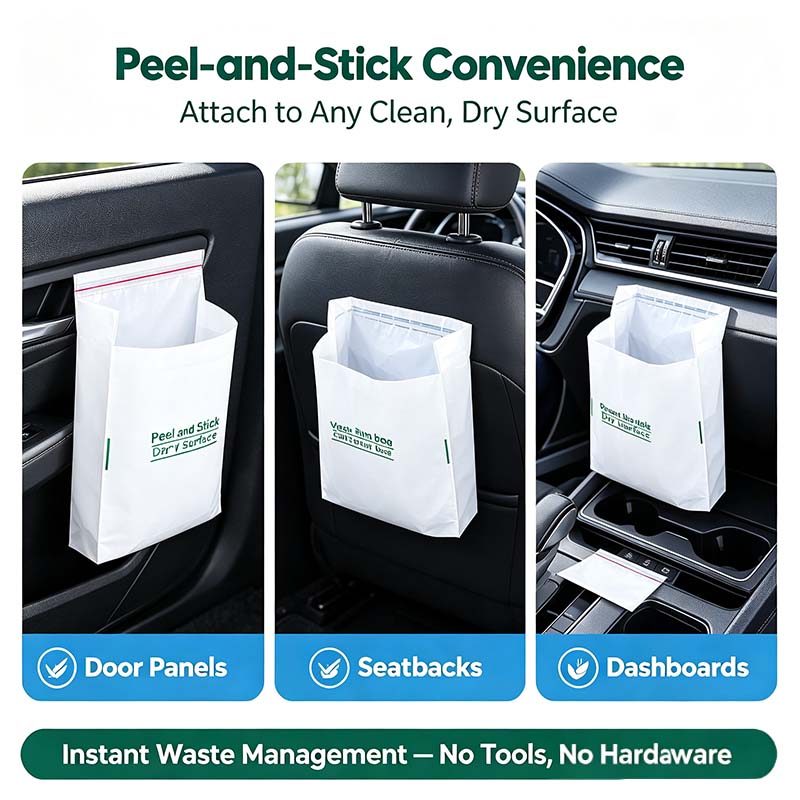 Car trash bag mounted on door panel seatback and dashboard