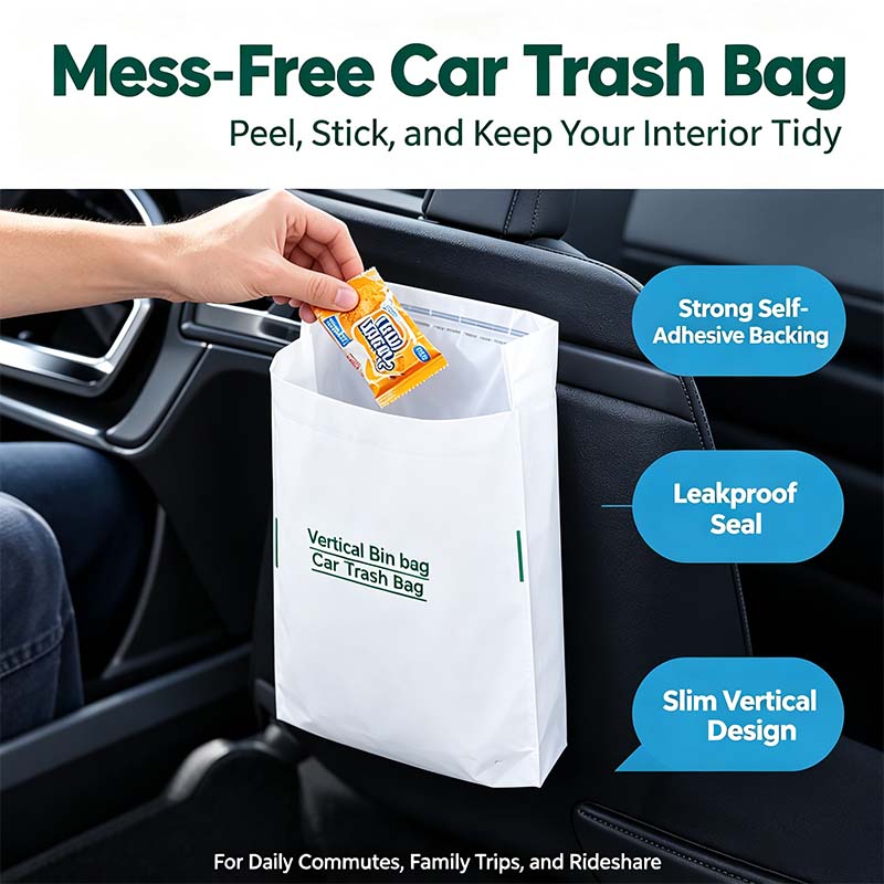 Self adhesive car trash bag with strong backing and leakproof seal