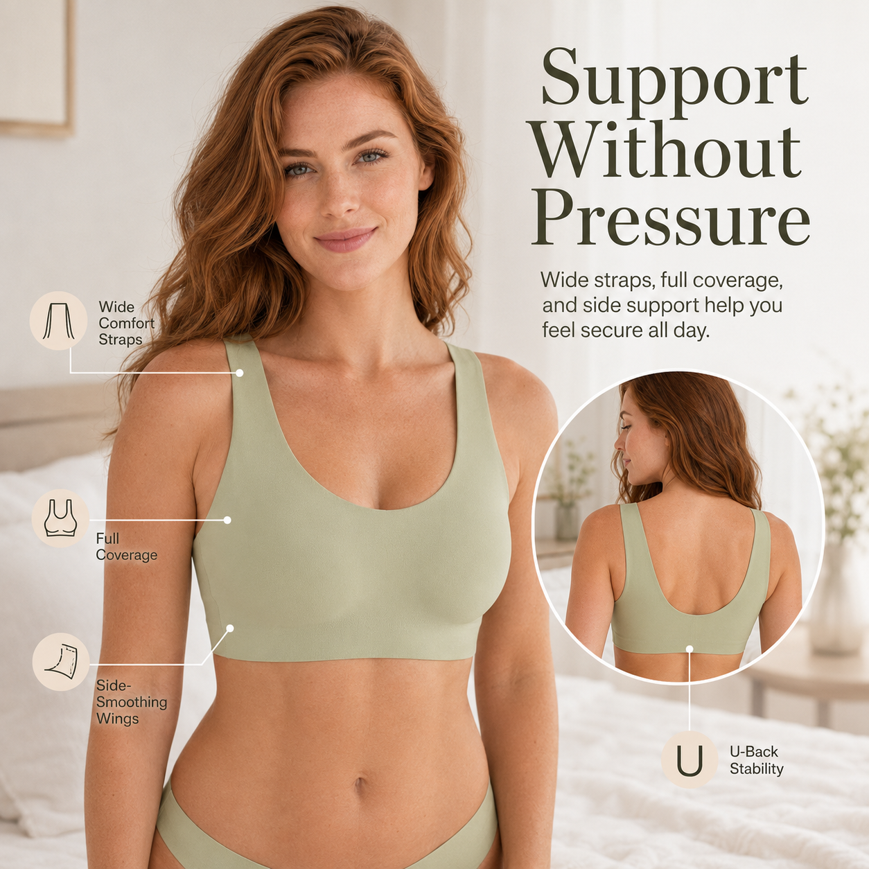 Seamless Wireless Bralette – Wide Comfort Straps, Breathable Lightweight Nude Bra, Smart Size Stretchy Fit