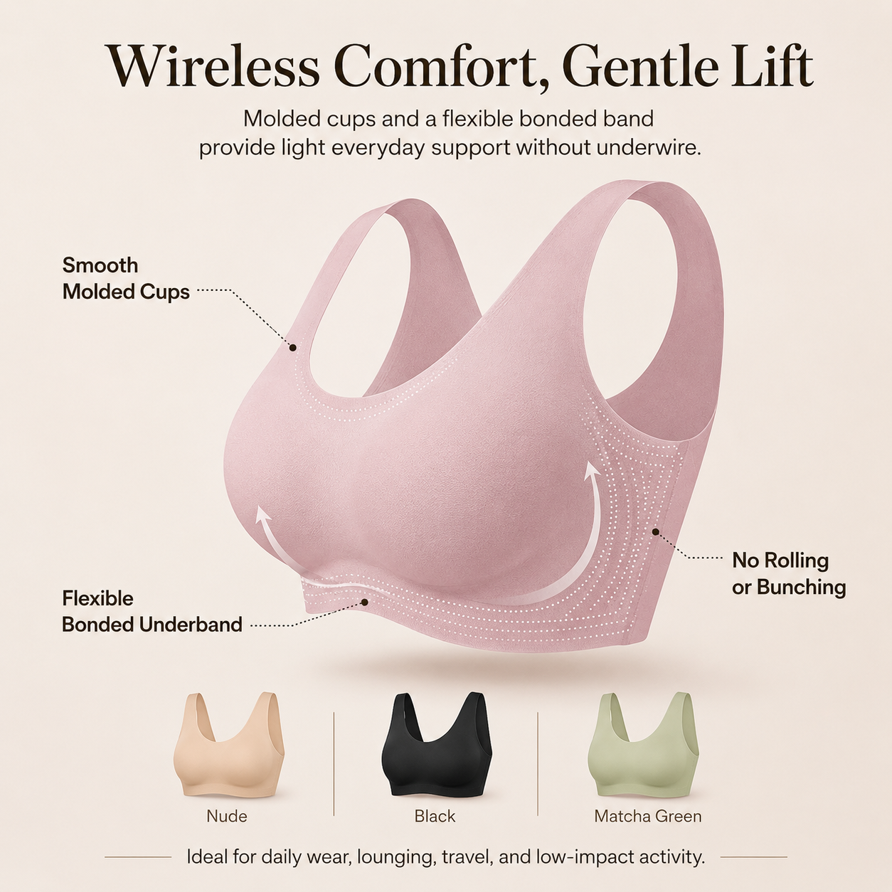 Seamless Wireless Bralette – Wide Comfort Straps, Breathable Lightweight Nude Bra, Smart Size Stretchy Fit