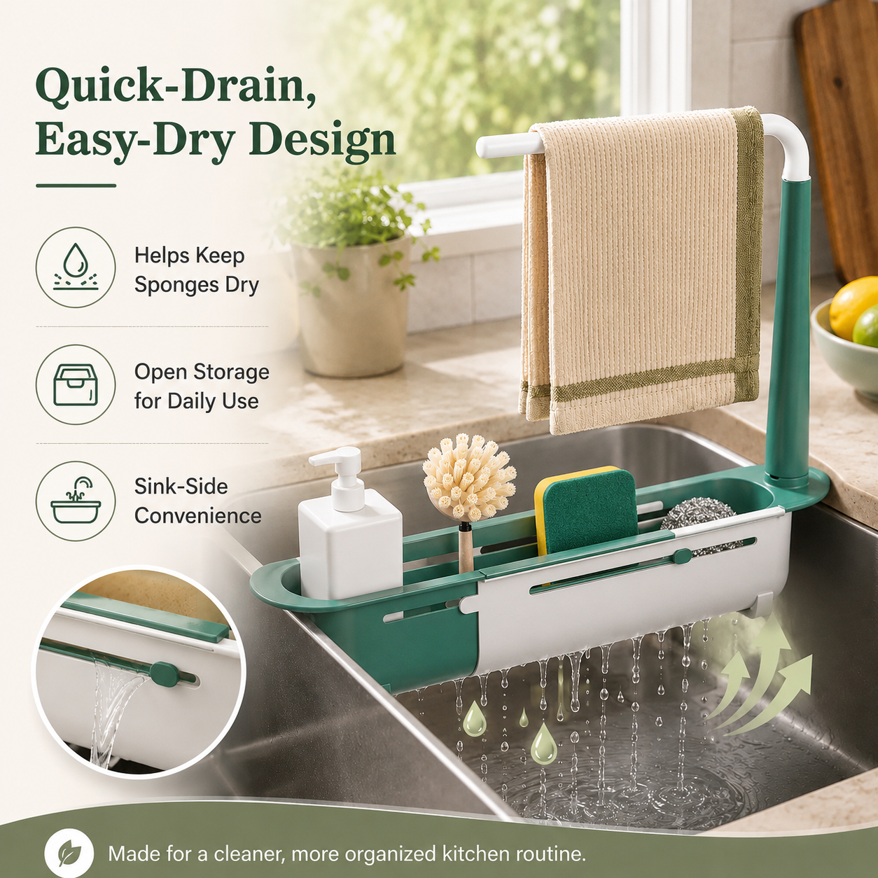 Quick drain kitchen sink caddy allowing excess water to drain directly into the sink