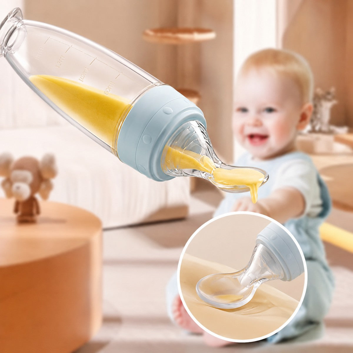 Soft silicone spoon tip dispensing smooth baby food