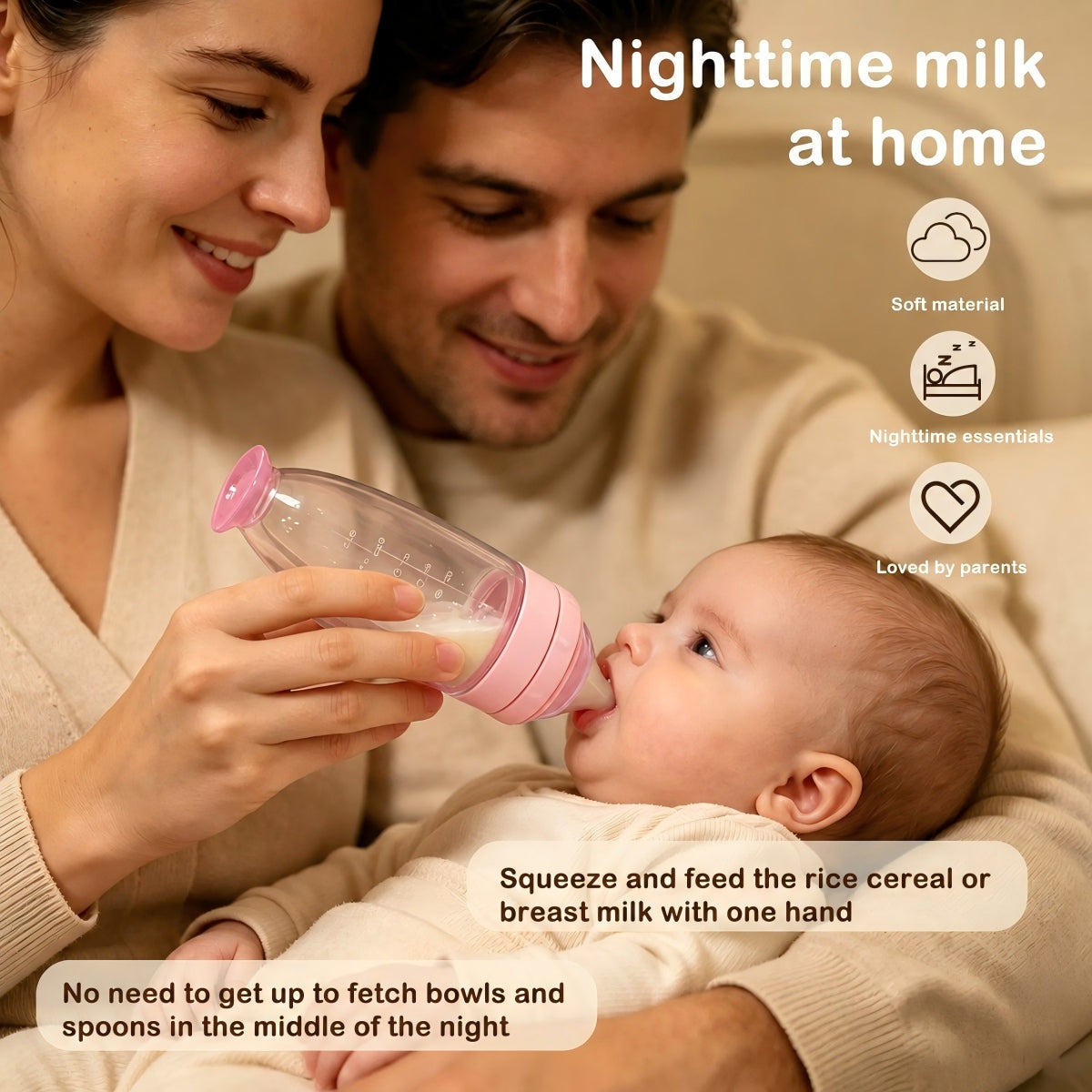 Parents using baby feeding dispenser at home