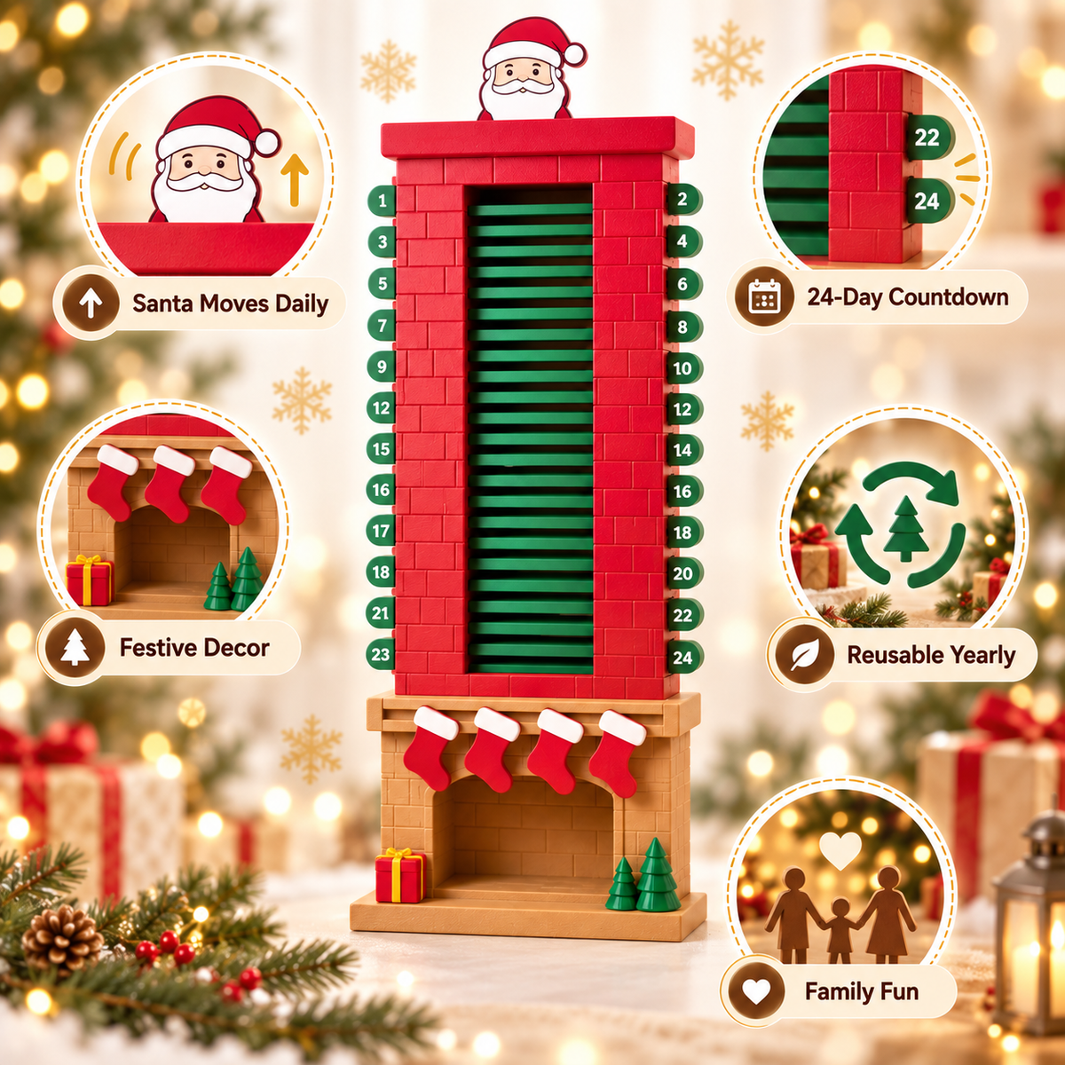 🎅 Santa Chimney Advent Calendar – 24-Day Interactive Christmas Countdown Decoration