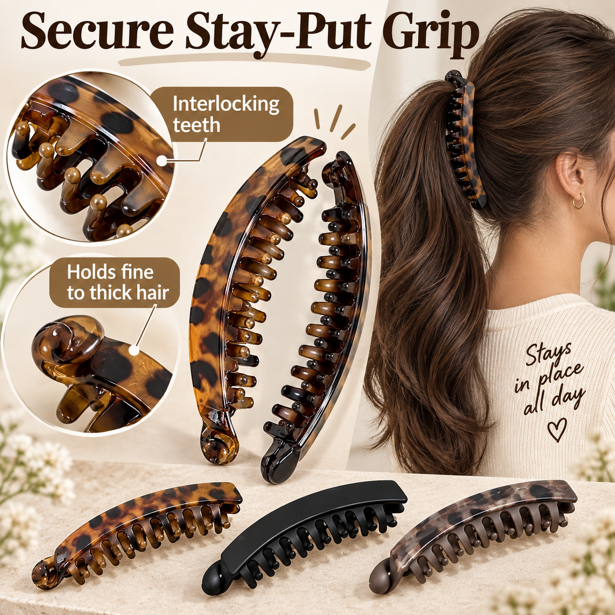 💇‍♀️ Get Fuller, Bouncier Hair Instantly! ✨ 3-Piece Effortless Banana Clip Collection 💕