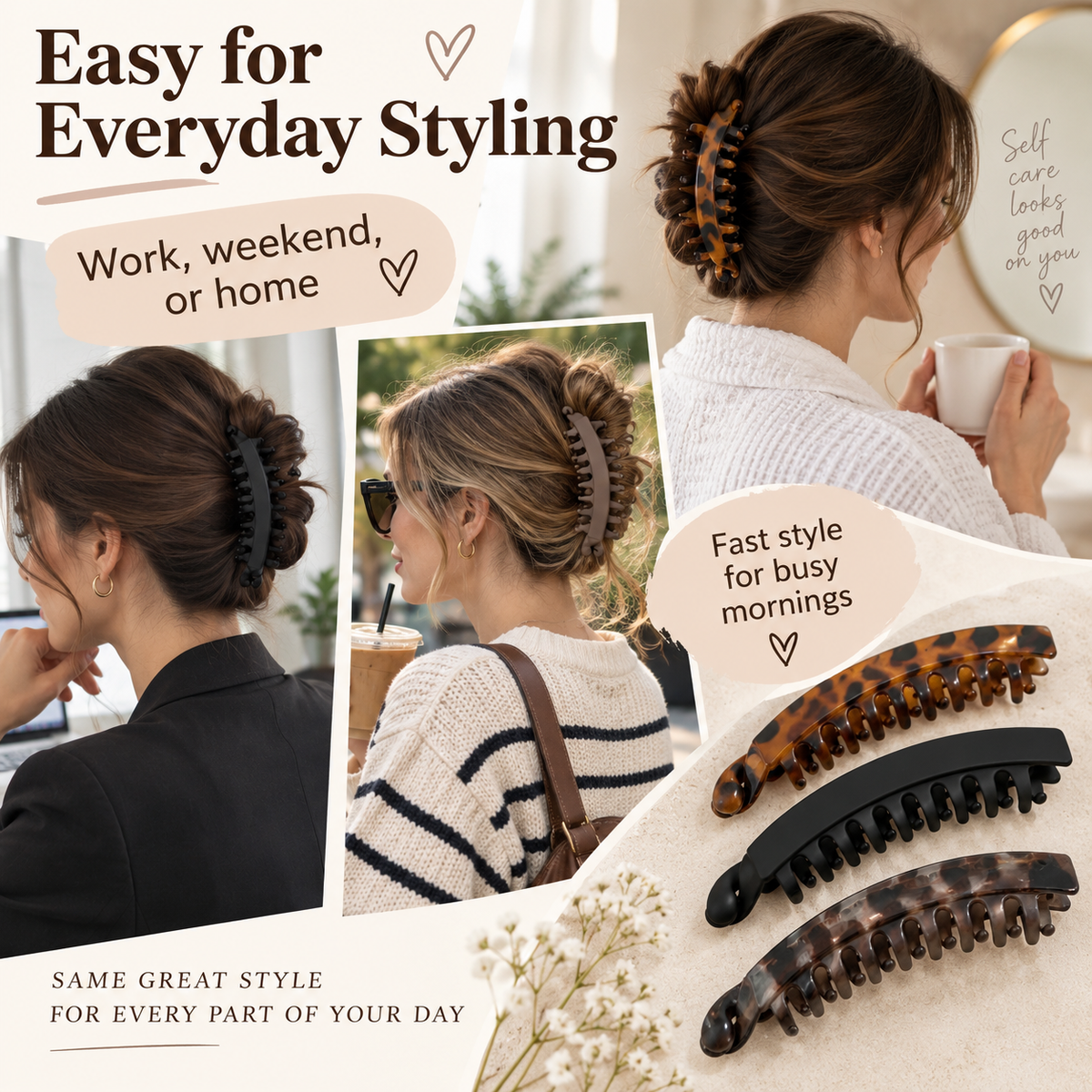 💇‍♀️ Get Fuller, Bouncier Hair Instantly! ✨ 3-Piece Effortless Banana Clip Collection 💕