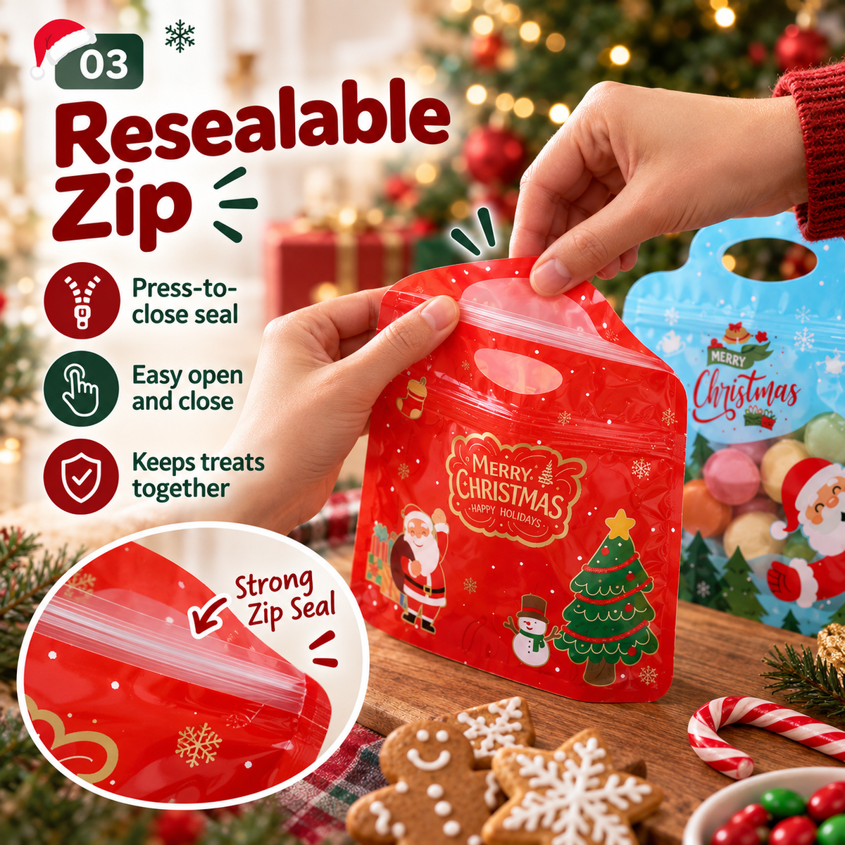🎅🍬 Christmas Treat Bags - Resealable Holiday Candy Bags with Handle