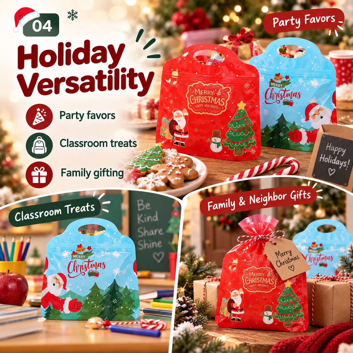 🎅🍬 Christmas Treat Bags - Resealable Holiday Candy Bags with Handle