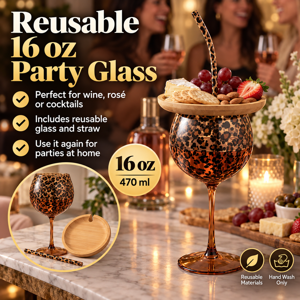 🍷 2-in-1 Wine Glass & Charcuterie Board Set! 🐆 Leopard Print Glass with Bamboo Snack Lid & Straw 🧀