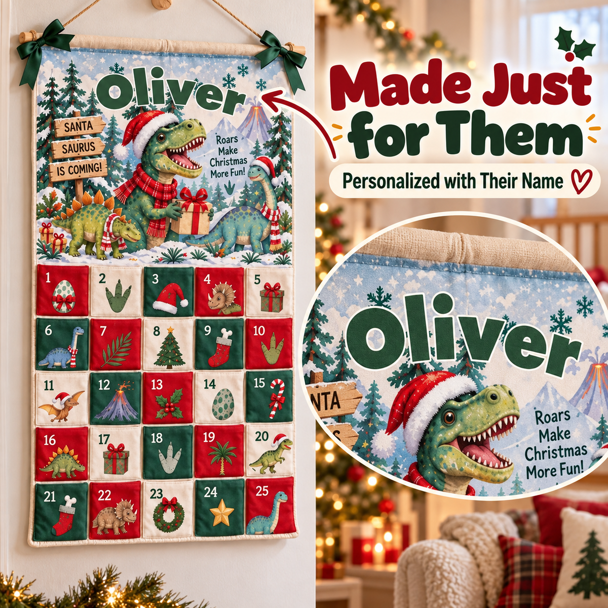 🦖 Personalized Dinosaur Christmas Advent Calendar – A Magical Countdown Made Just for Kids 🎄