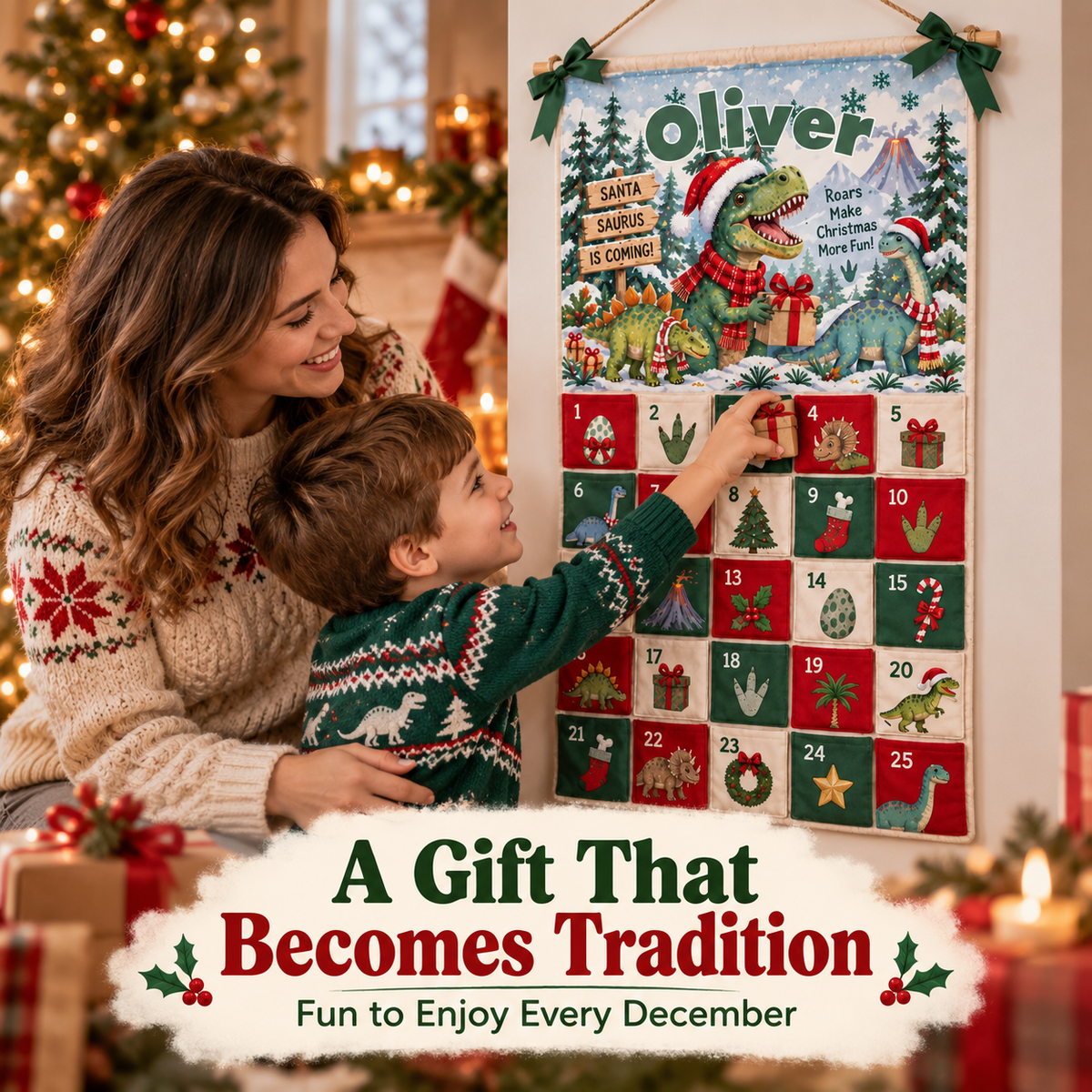 🦖 Personalized Dinosaur Christmas Advent Calendar – A Magical Countdown Made Just for Kids 🎄