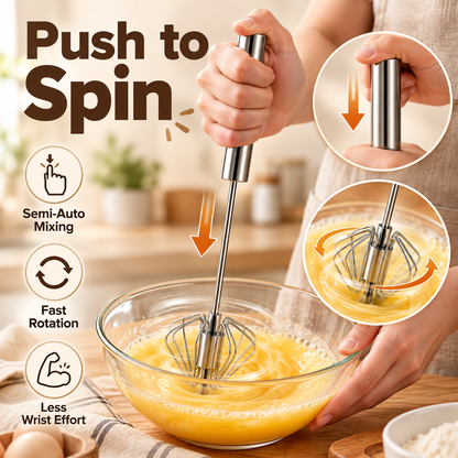 🥚 Hand-Push Rotary Whisk – Stainless Steel Spin Mixer for Eggs, Coffee & More