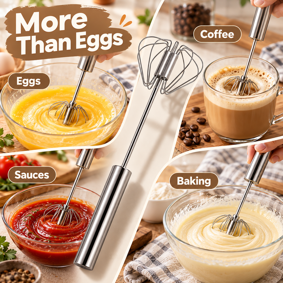 🥚 Hand-Push Rotary Whisk – Stainless Steel Spin Mixer for Eggs, Coffee & More