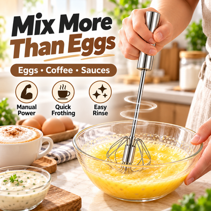 🥚 Hand-Push Rotary Whisk – Stainless Steel Spin Mixer for Eggs, Coffee & More