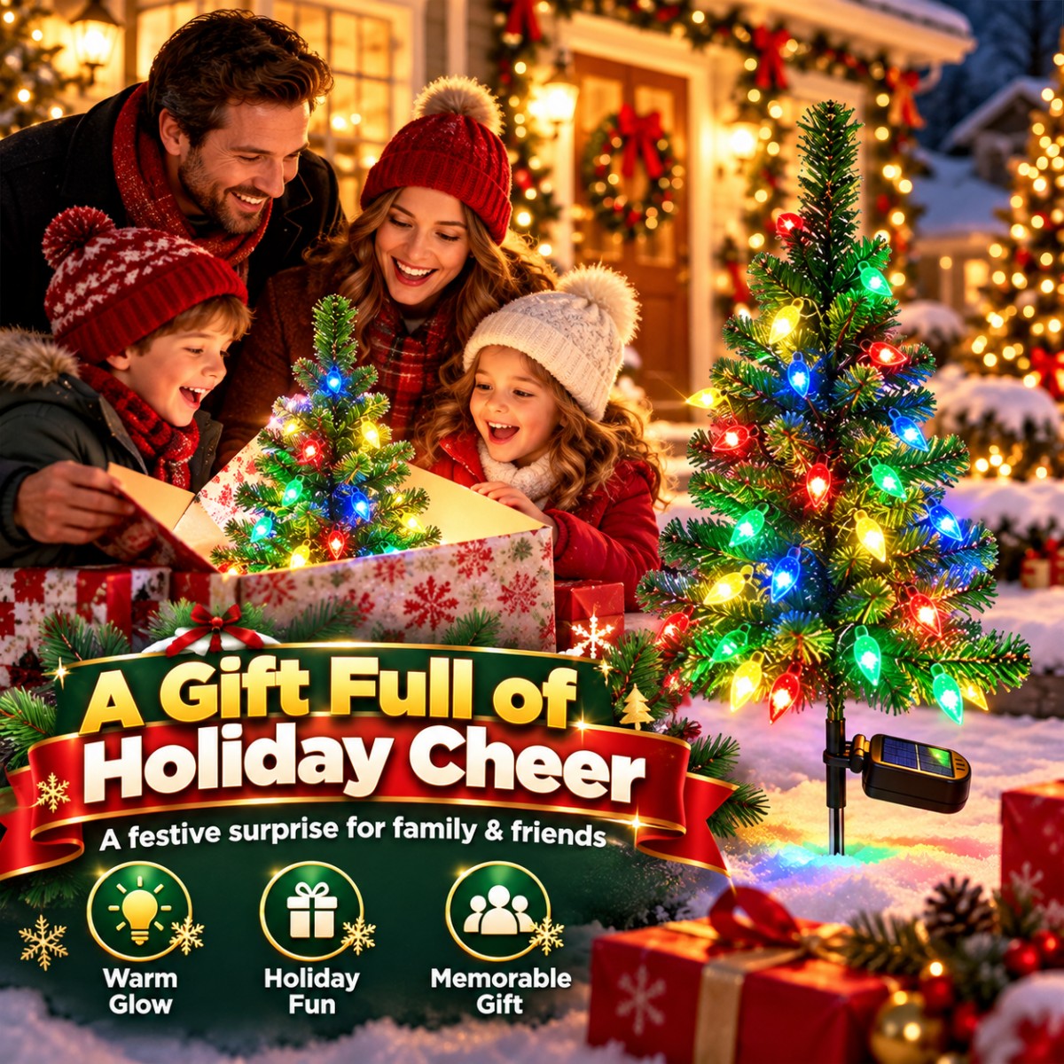 Solar Christmas tree light presented as a festive holiday gift
