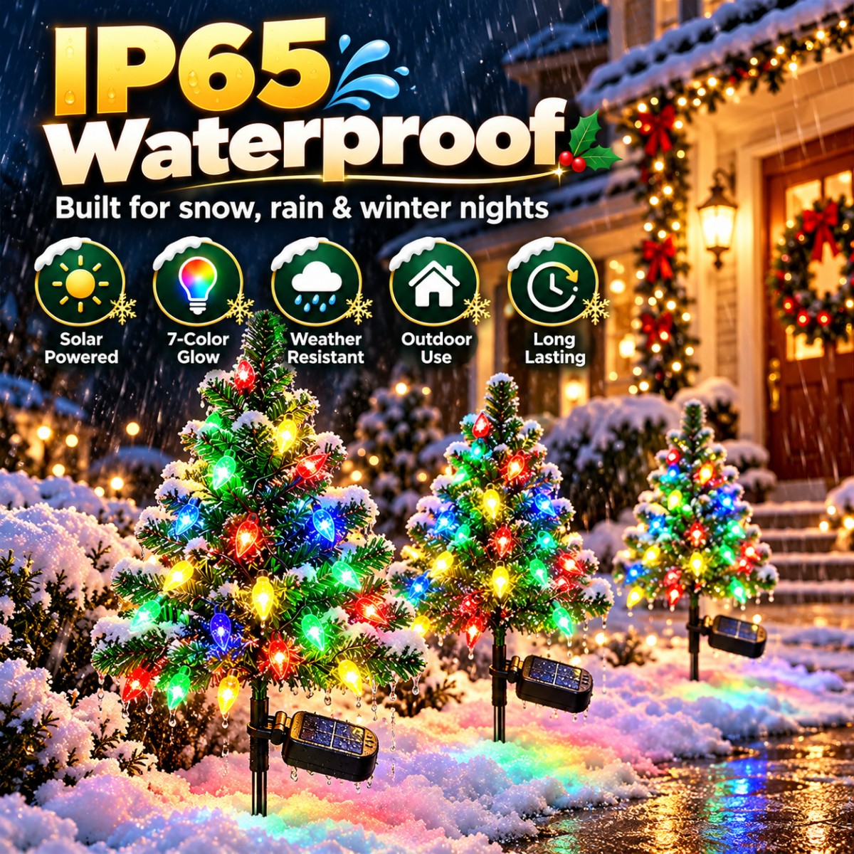 IP65 solar Christmas tree lights displayed outdoors in snow and wet winter weather