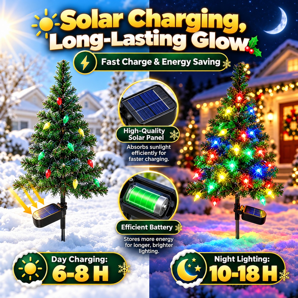 Solar Christmas tree light showing solar panel charging during the day