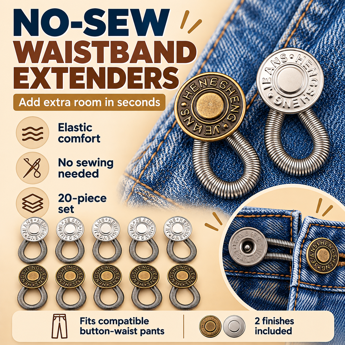 🪡10-Pack Elastic Button Extenders – Adjustable Waistband Expanders, No Sewing Required, Easy to Attach