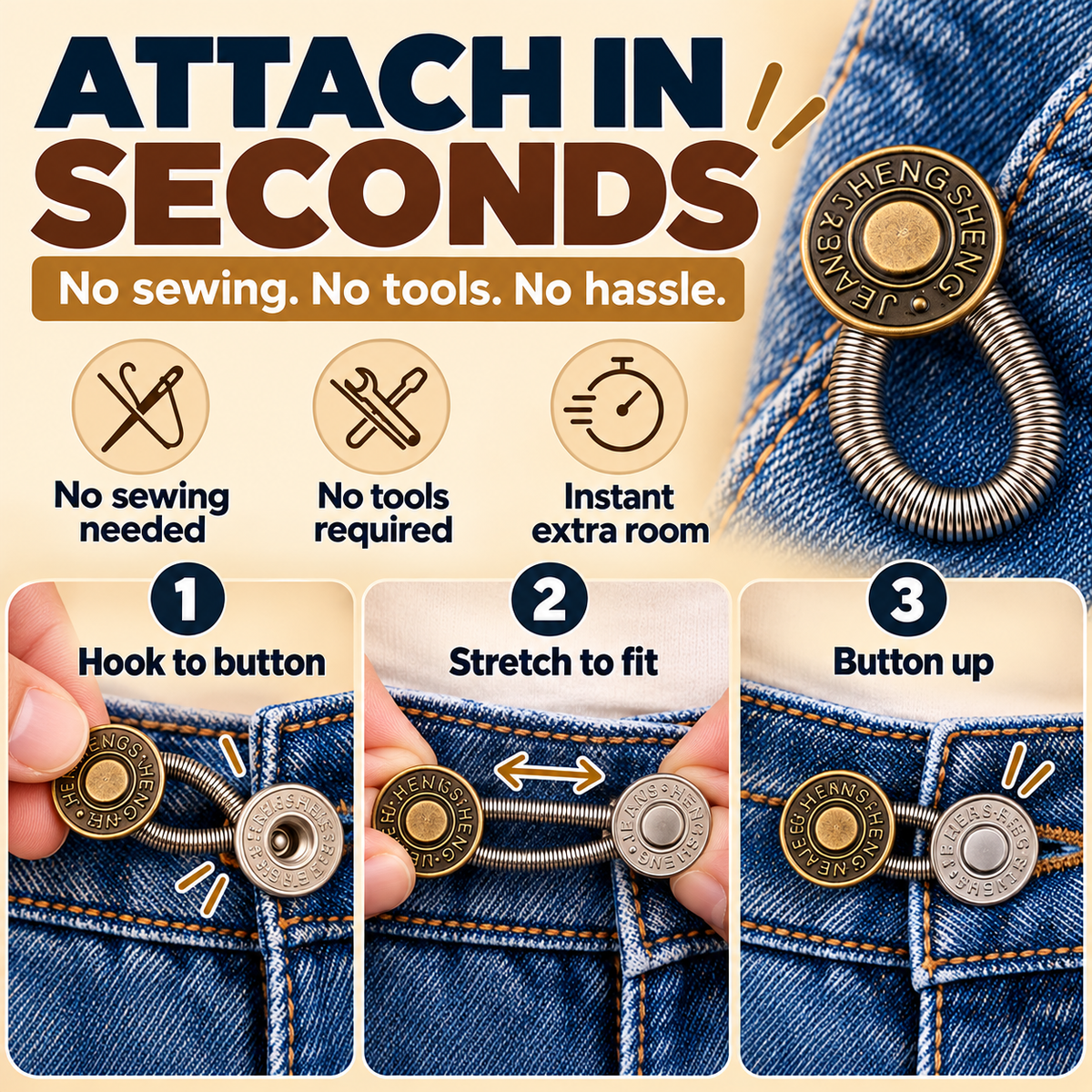 🪡10-Pack Elastic Button Extenders – Adjustable Waistband Expanders, No Sewing Required, Easy to Attach