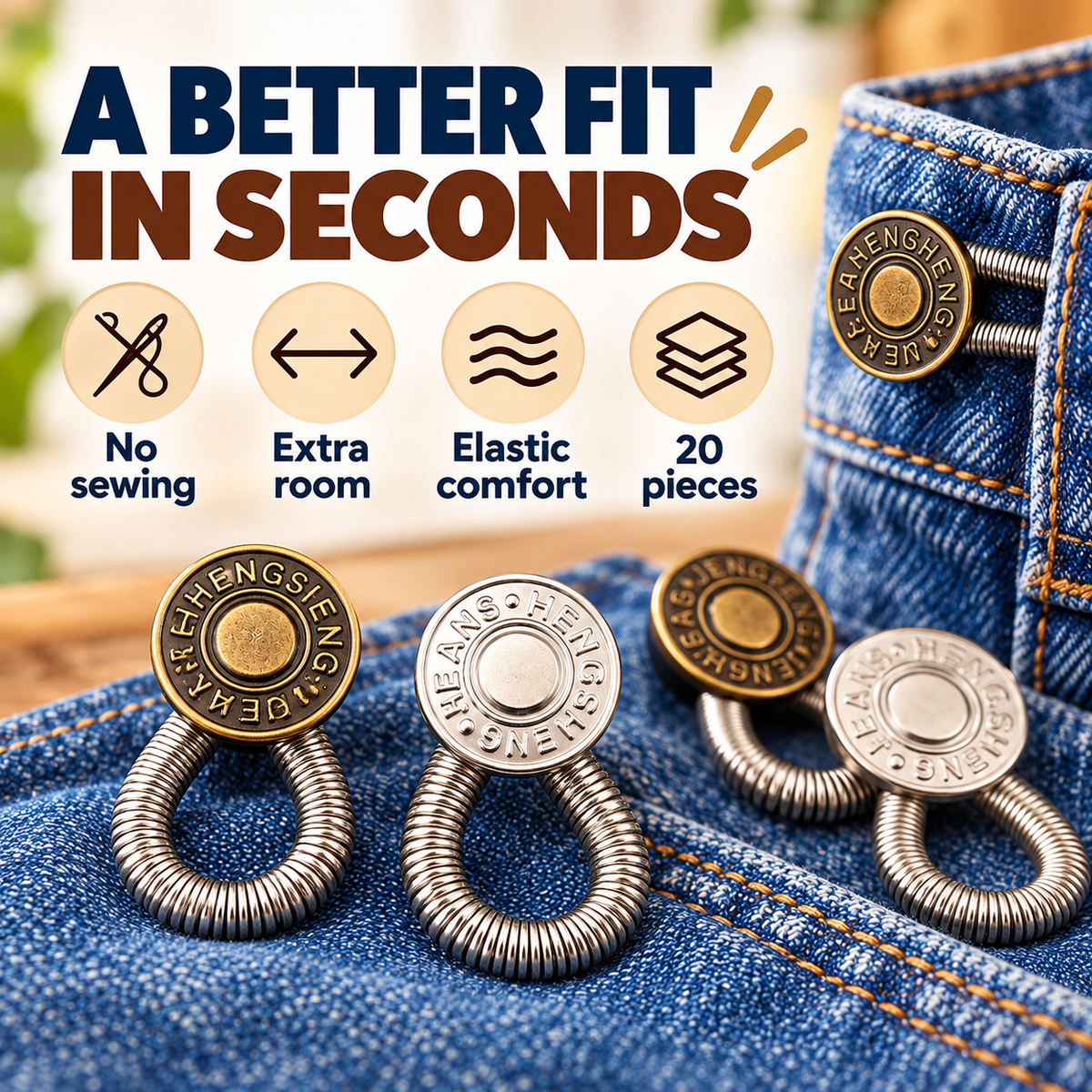 🪡10-Pack Elastic Button Extenders – Adjustable Waistband Expanders, No Sewing Required, Easy to Attach