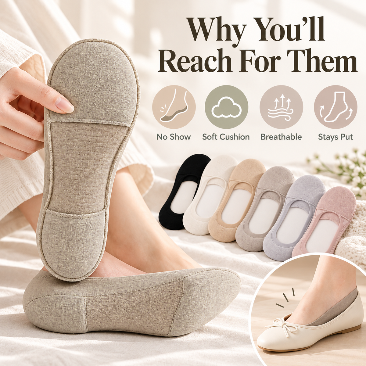 Women's Cushioned No-Show Socks for Flats（5Pcs）
