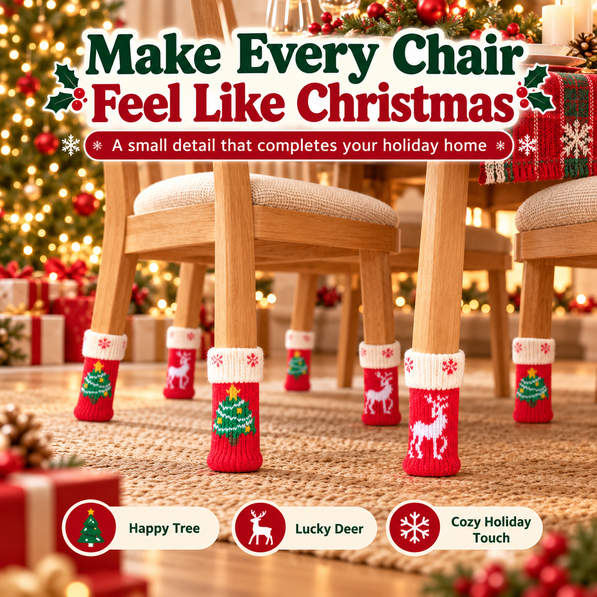 Christmas-themed Knitted Felt Table and Chair Leg Pads 4Pcs
