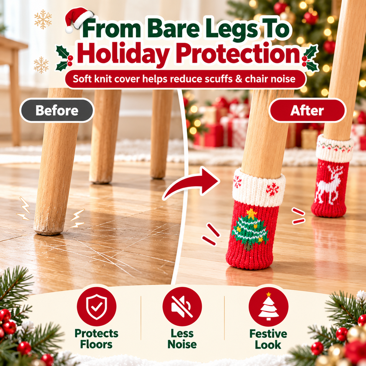 Christmas-themed Knitted Felt Table and Chair Leg Pads 4Pcs
