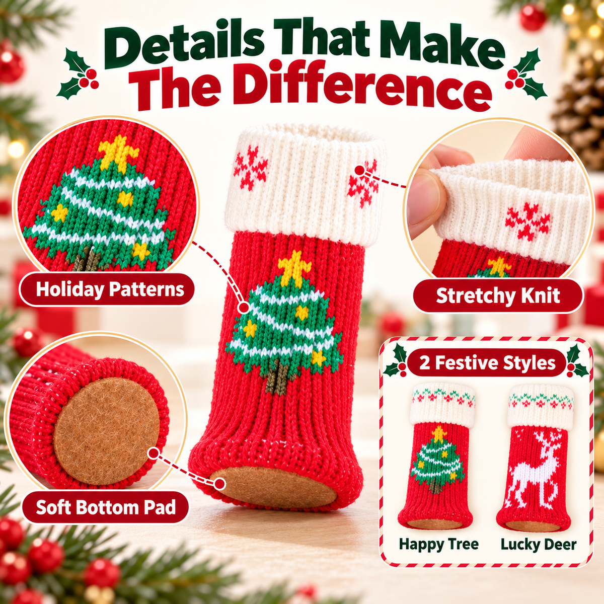 Christmas-themed Knitted Felt Table and Chair Leg Pads 4Pcs