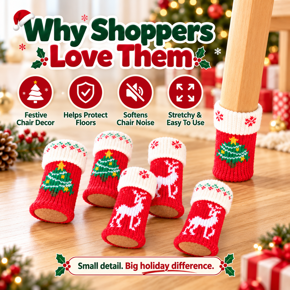 Christmas-themed Knitted Felt Table and Chair Leg Pads 4Pcs