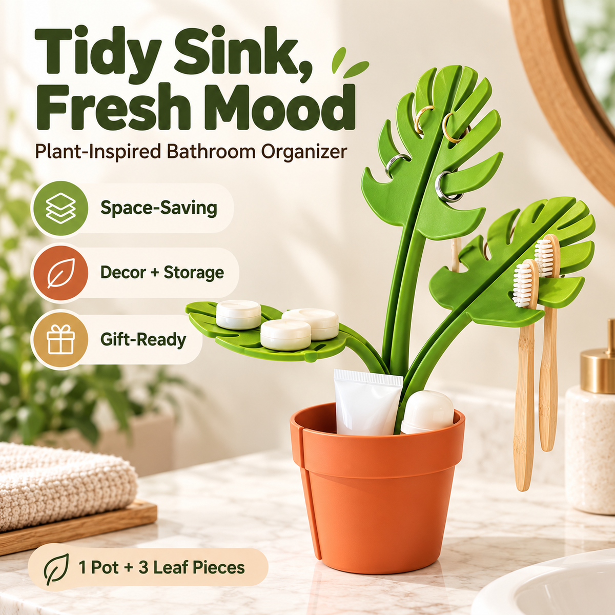 Mirrored Monstera deliciosa bathroom storage rack