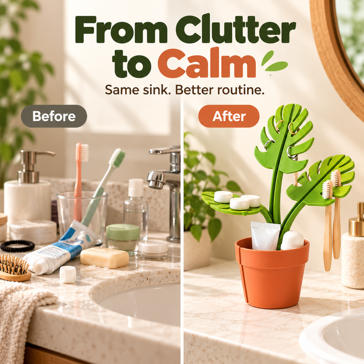 Mirrored Monstera deliciosa bathroom storage rack