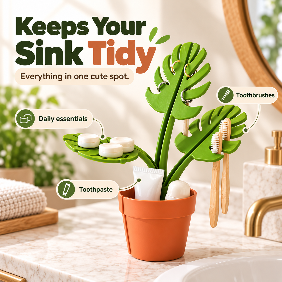 Mirrored Monstera deliciosa bathroom storage rack
