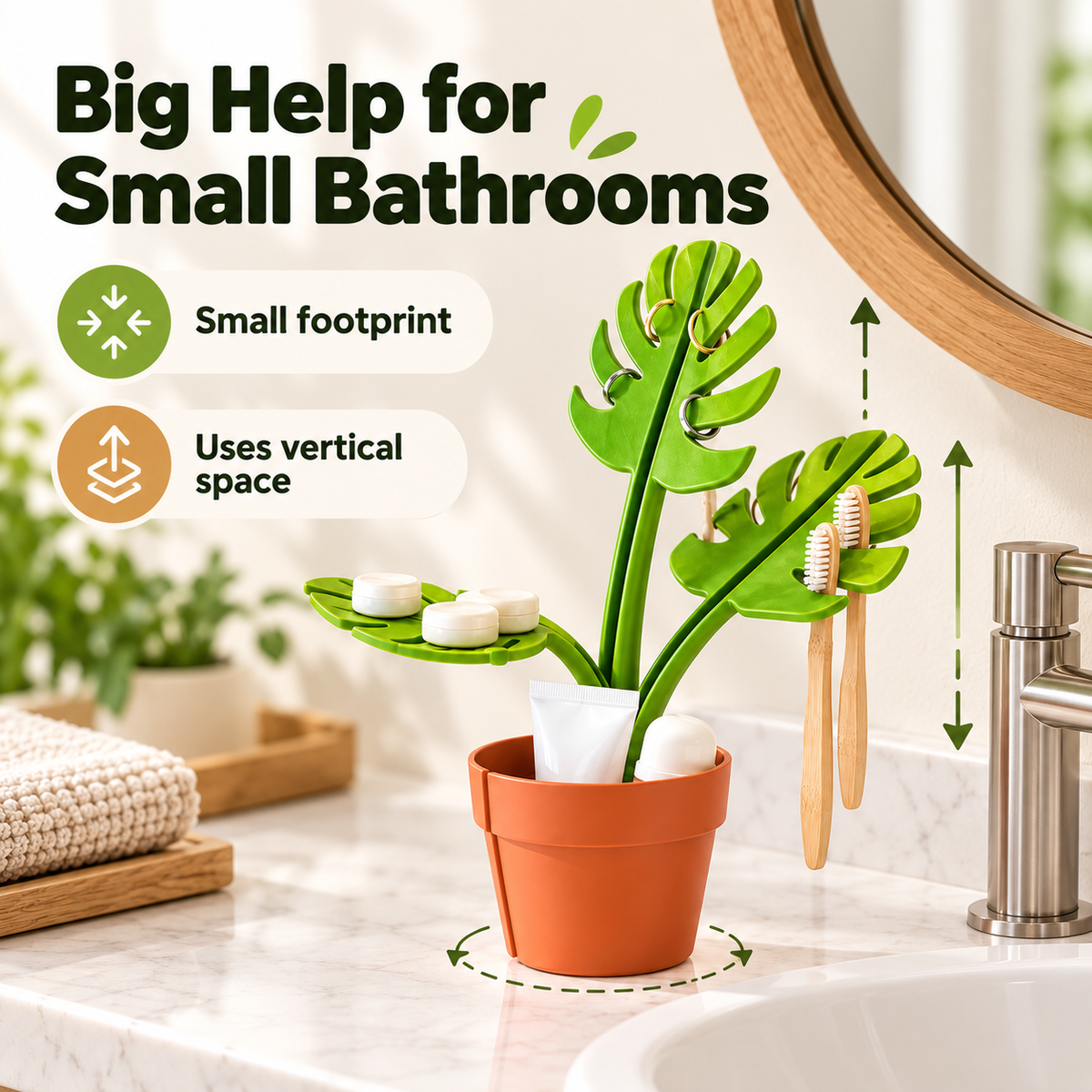 Mirrored Monstera deliciosa bathroom storage rack