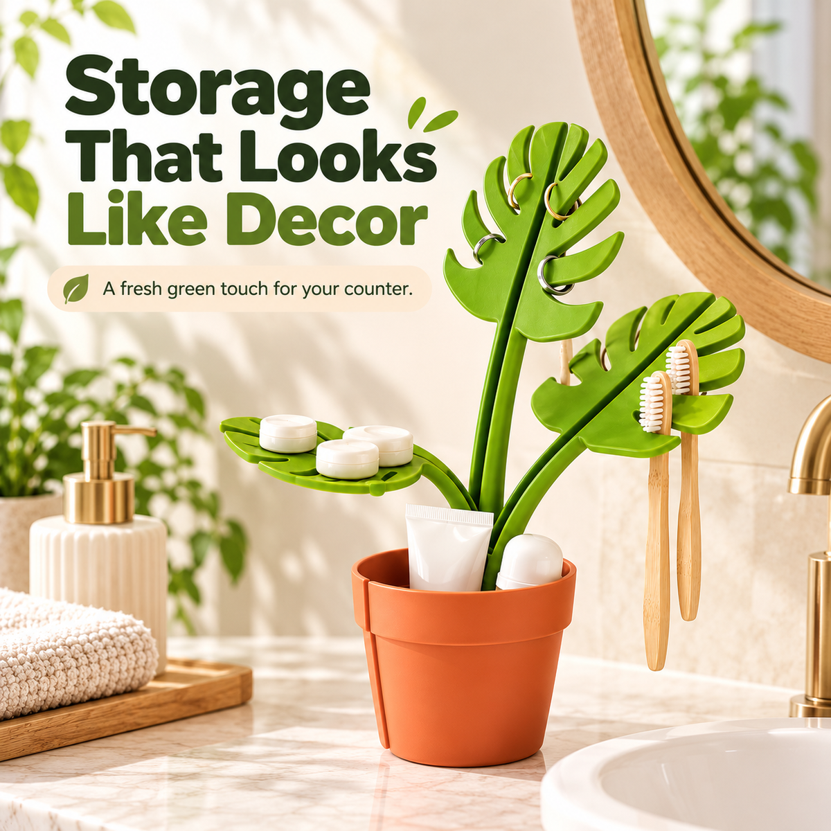 Mirrored Monstera deliciosa bathroom storage rack