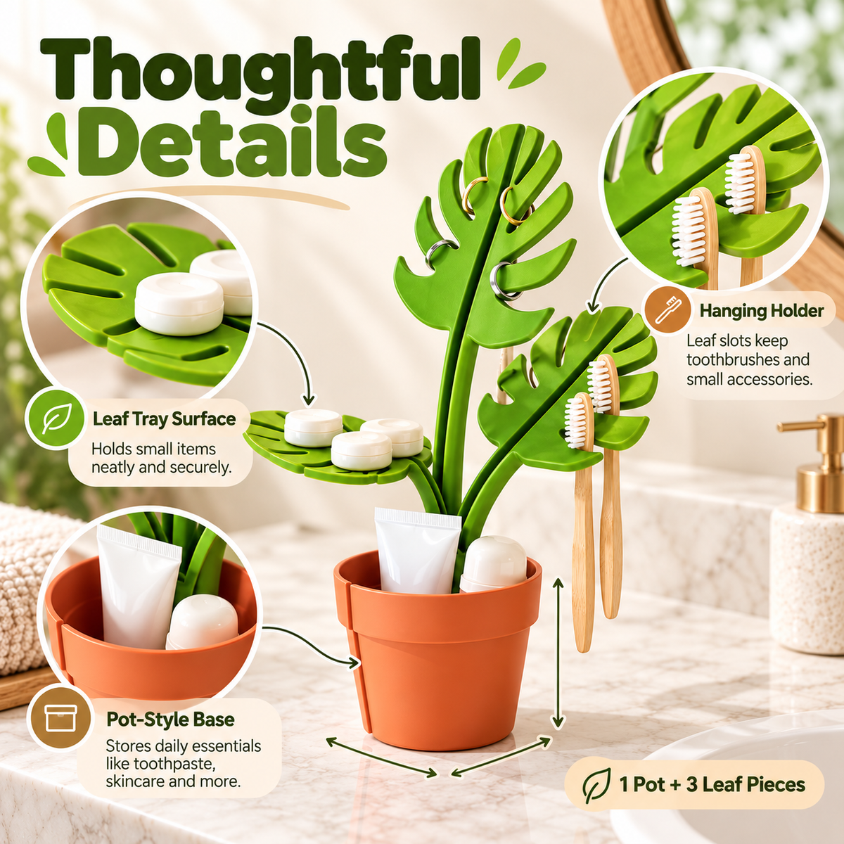 Mirrored Monstera deliciosa bathroom storage rack