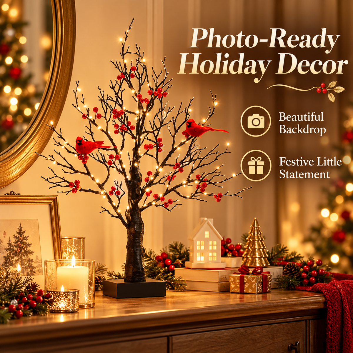 LED Red Cardinal Bird Decorative Tree