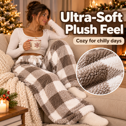🎀 Cozy Fleece Plaid Lounge Pants | ☕ Soft Wide-Leg Winter Pajamas with Cute Bow Detail ❄️