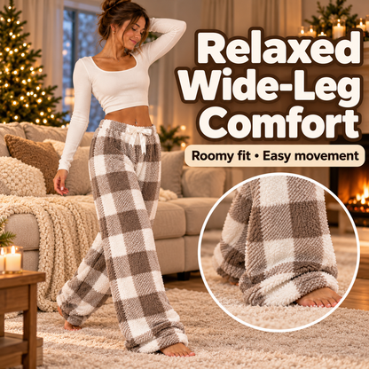 🎀 Cozy Fleece Plaid Lounge Pants | ☕ Soft Wide-Leg Winter Pajamas with Cute Bow Detail ❄️