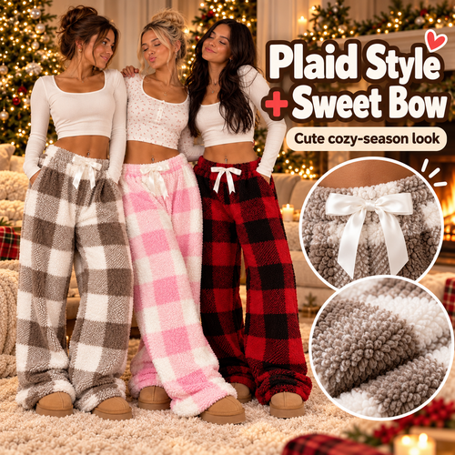🎀 Cozy Fleece Plaid Lounge Pants | ☕ Soft Wide-Leg Winter Pajamas with Cute Bow Detail ❄️