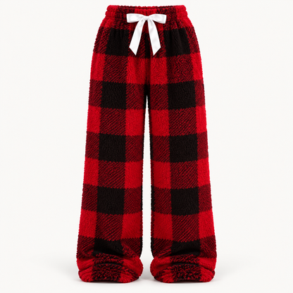 🎀 Cozy Fleece Plaid Lounge Pants | ☕ Soft Wide-Leg Winter Pajamas with Cute Bow Detail ❄️