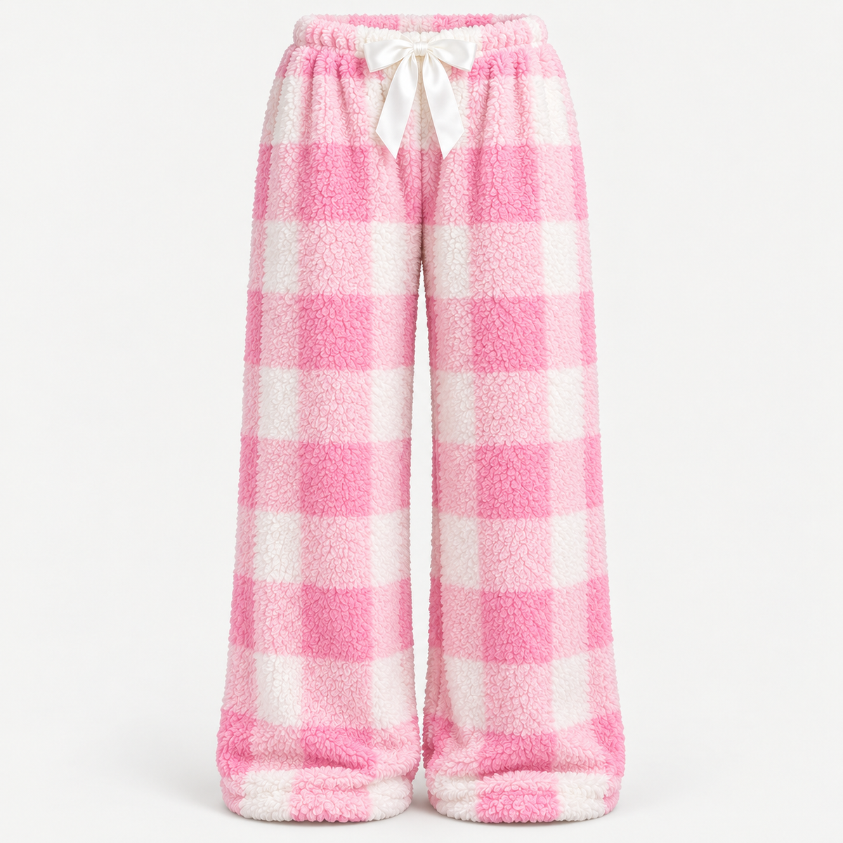 🎀 Cozy Fleece Plaid Lounge Pants | ☕ Soft Wide-Leg Winter Pajamas with Cute Bow Detail ❄️