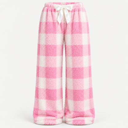🎀 Cozy Fleece Plaid Lounge Pants | ☕ Soft Wide-Leg Winter Pajamas with Cute Bow Detail ❄️