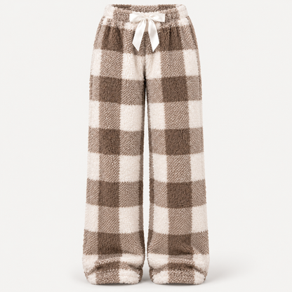 🎀 Cozy Fleece Plaid Lounge Pants | ☕ Soft Wide-Leg Winter Pajamas with Cute Bow Detail ❄️